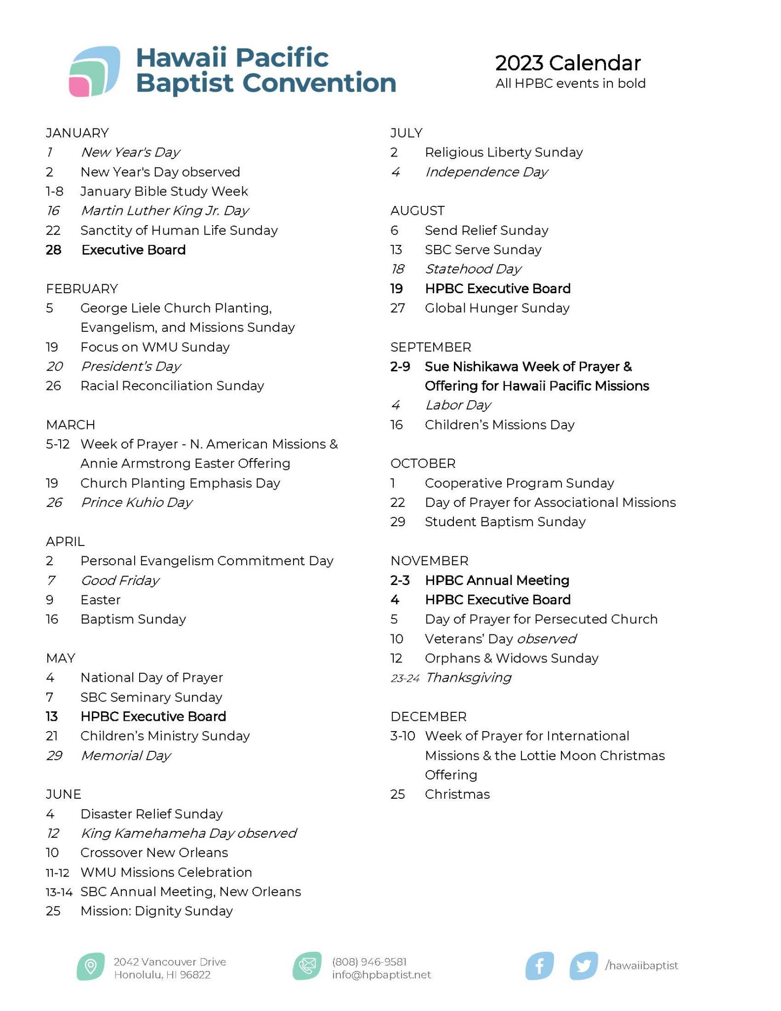 2023 Calendar - Hawaii Pacific Baptist Convention